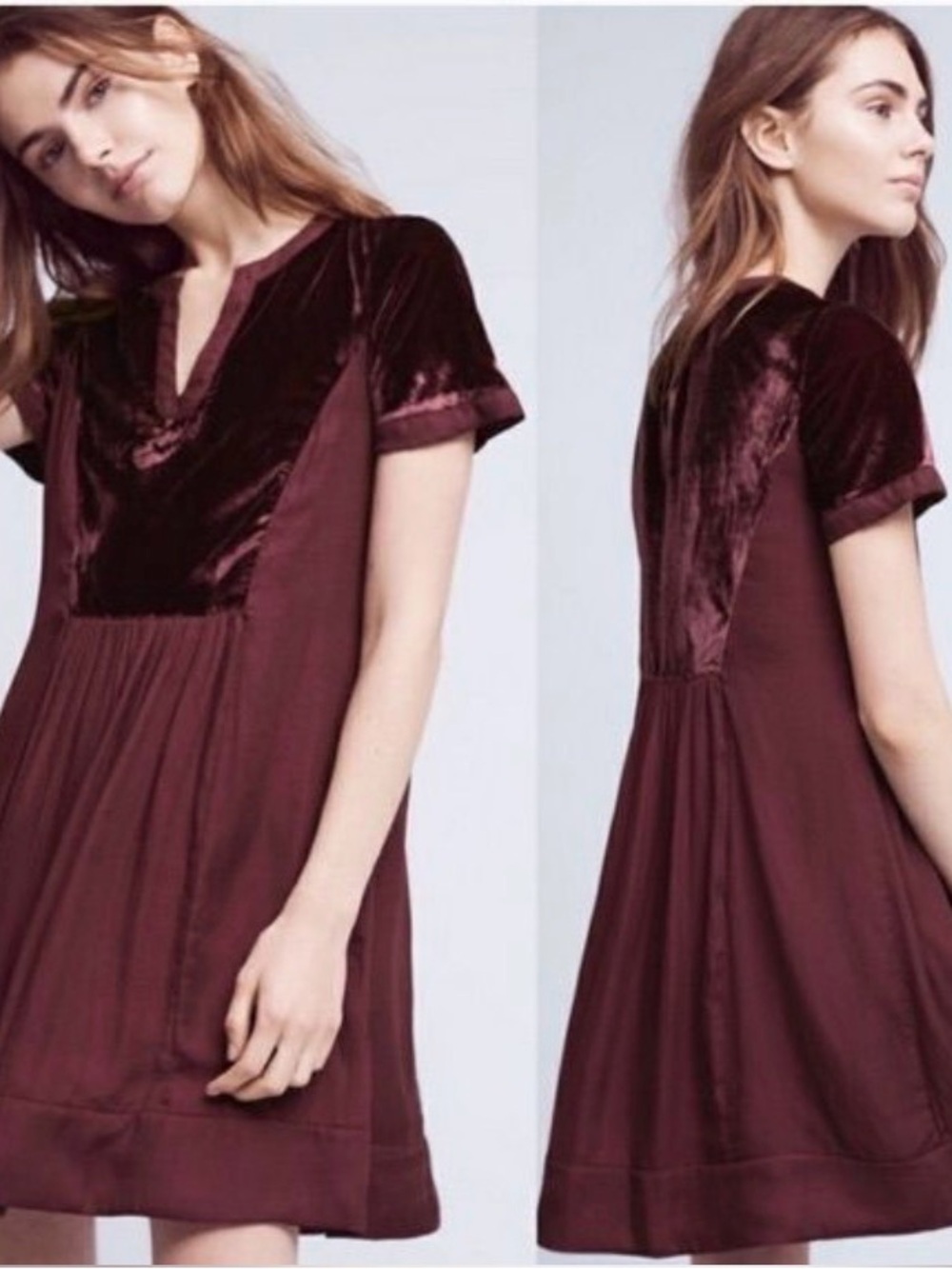 Maeve Anthropologie Ingrid Velvet Yoke Mini Dress in Burgundy Plum S